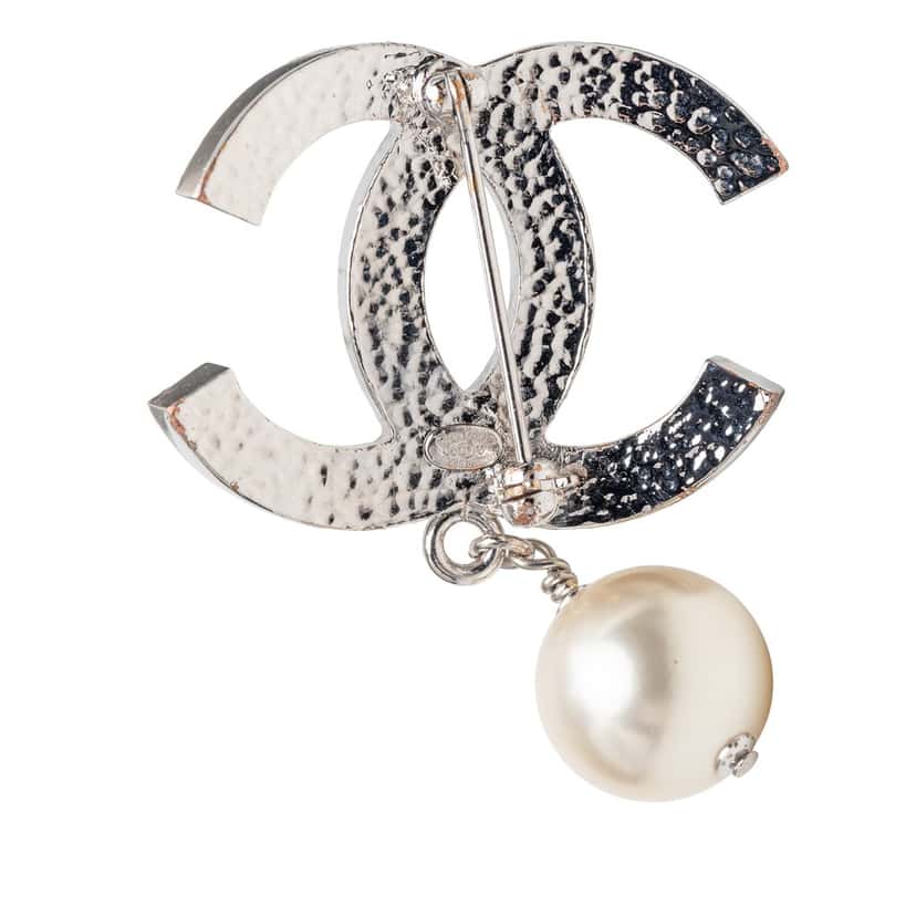 Chanel CC Brass Faux Pearl Brooch Silver Metal Very good condition - Inside View