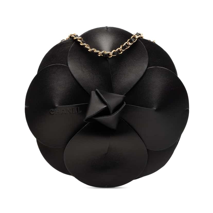 Chanel Lambskin and Satin Camellia Flower Evening Bag Black Leather Very good condition - Front View
