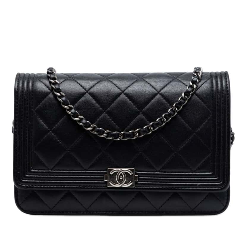 Chanel Quilted Lambskin Boy Wallet On Chain Black Leather Very good condition - Front View