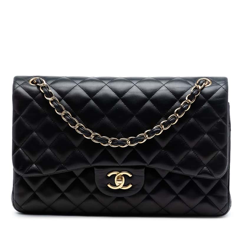 Chanel Jumbo Classic Lambskin Double Flap Black Leather Very good condition - Front View