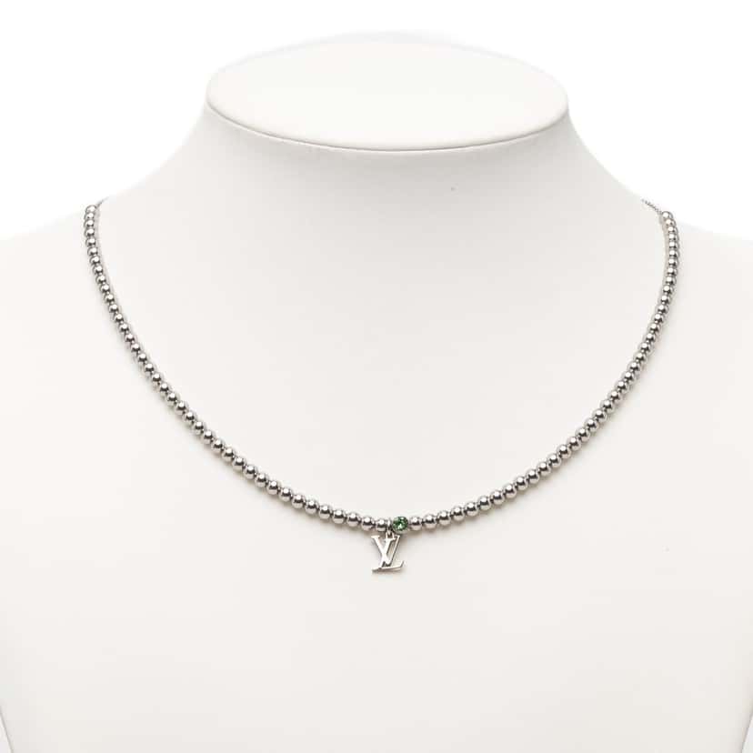 Louis Vuitton Brass Crystal Nano Beads Pendant Necklace Silver Metal Very good condition - Box View