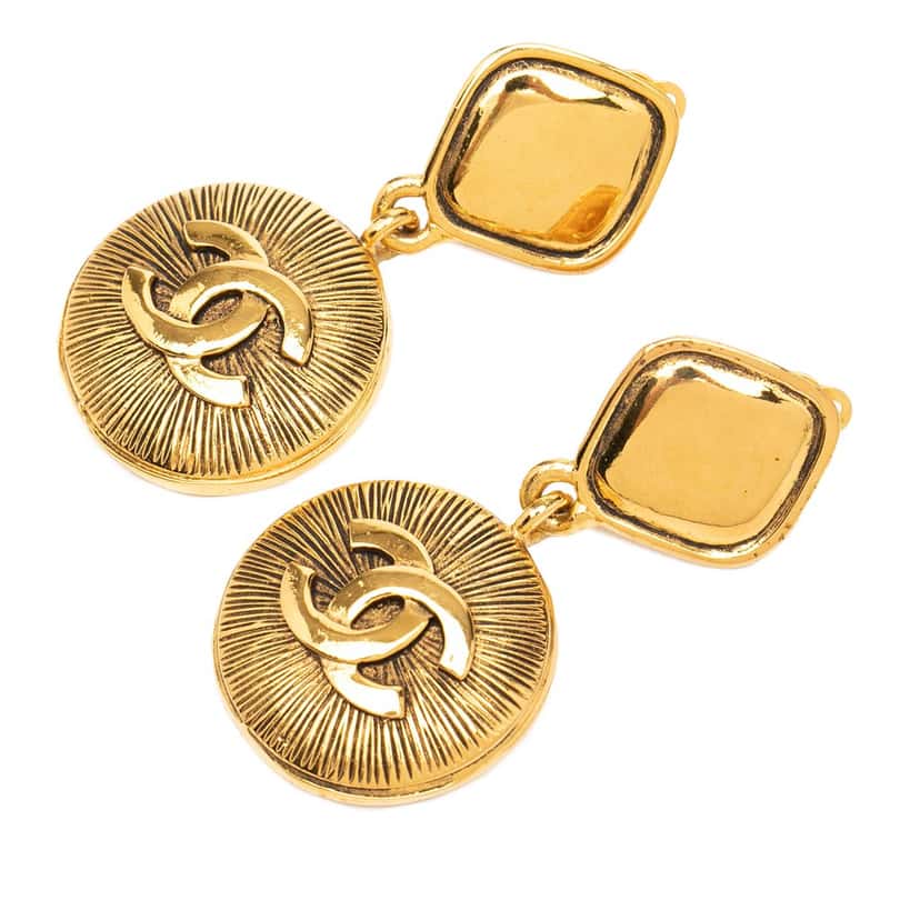 Chanel CC Gold Plated Sunburst Drop Clip On Earrings Gold Metal Very good condition - Front View