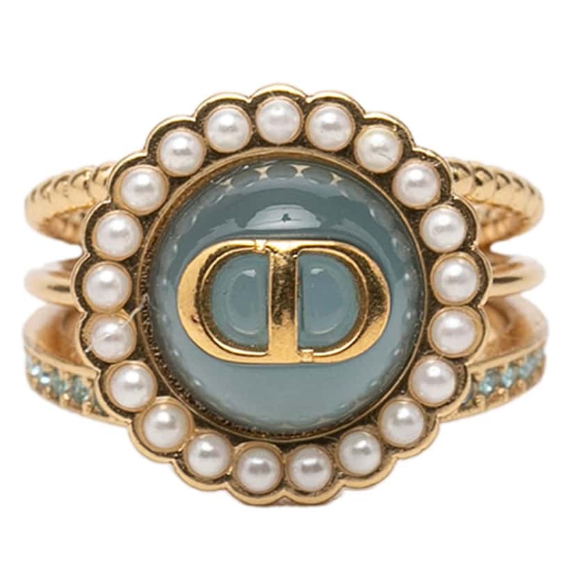 Dior Gold Plated Resin Faux Pearl Strass CD Logo Ring Gold Metal Very good condition - Front View