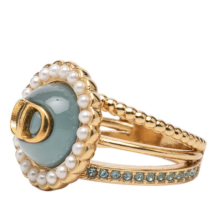 Dior Gold Plated Resin Faux Pearl Strass CD Logo Ring Gold Metal Very good condition - Back View
