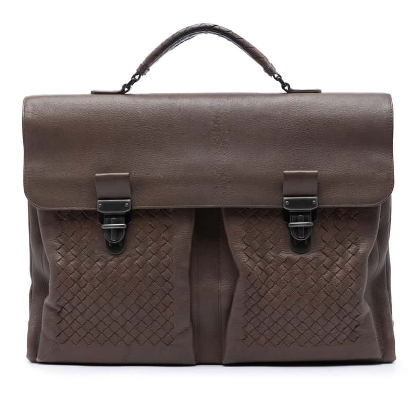 Bottega Veneta Intrecciato Trimmed Nappa Business Bag Brown Leather Very good condition - Front View