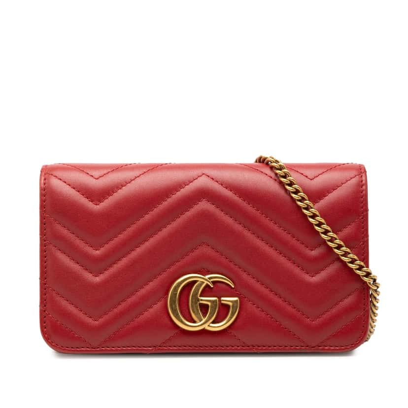 Gucci Mini GG Marmont Matelasse Calfskin Wallet On Chain Red Leather Very good condition - Front View