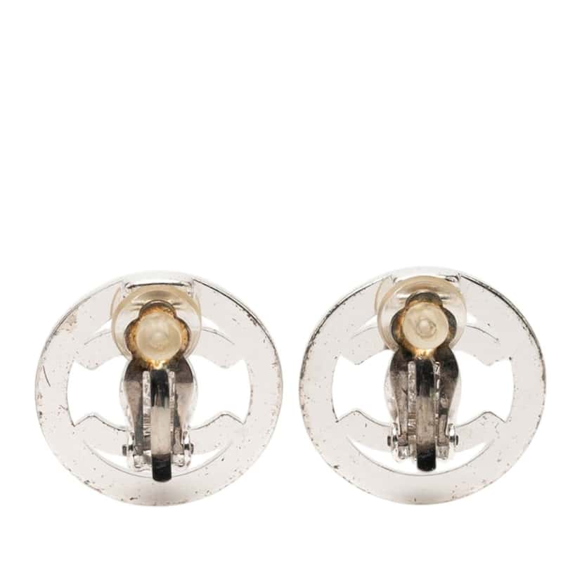 Chanel CC Brass Turnlock Round Clip On Earrings Silver Metal Very good condition - Back View
