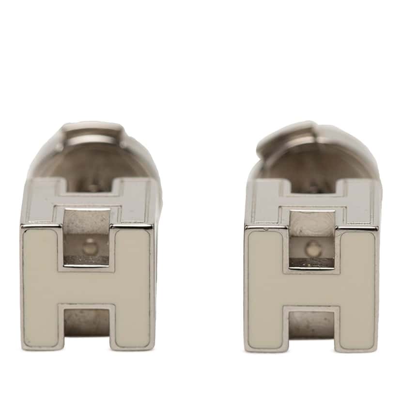 Hermès Palladium Plated and Enamel Cage D H Push Back Earrings Silver Metal Very good condition - Front View
