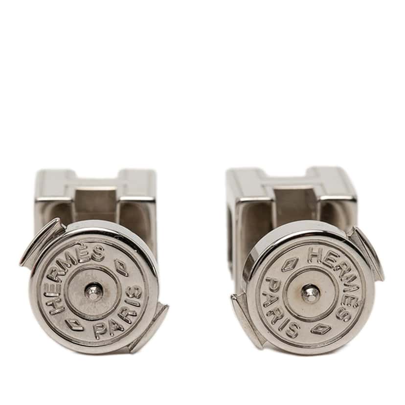 Hermès Palladium Plated and Enamel Cage D H Push Back Earrings Silver Metal Very good condition - Back View