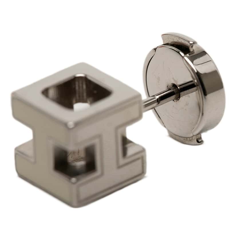 Hermès Palladium Plated and Enamel Cage D H Push Back Earrings Silver Metal Very good condition - Inside View
