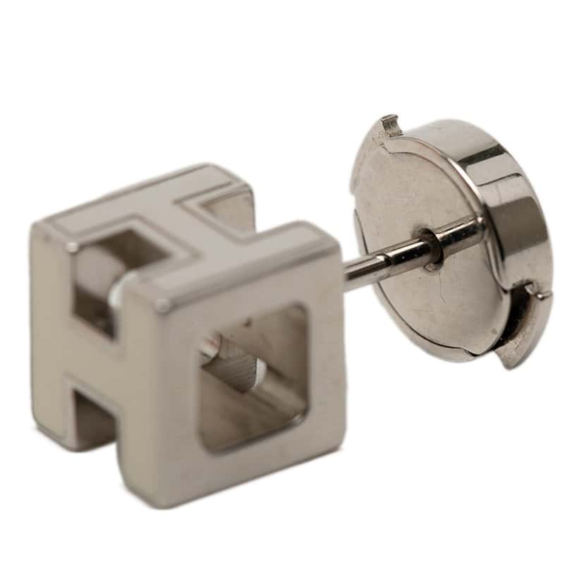 Hermès Palladium Plated and Enamel Cage D H Push Back Earrings Silver Metal Very good condition - Model View