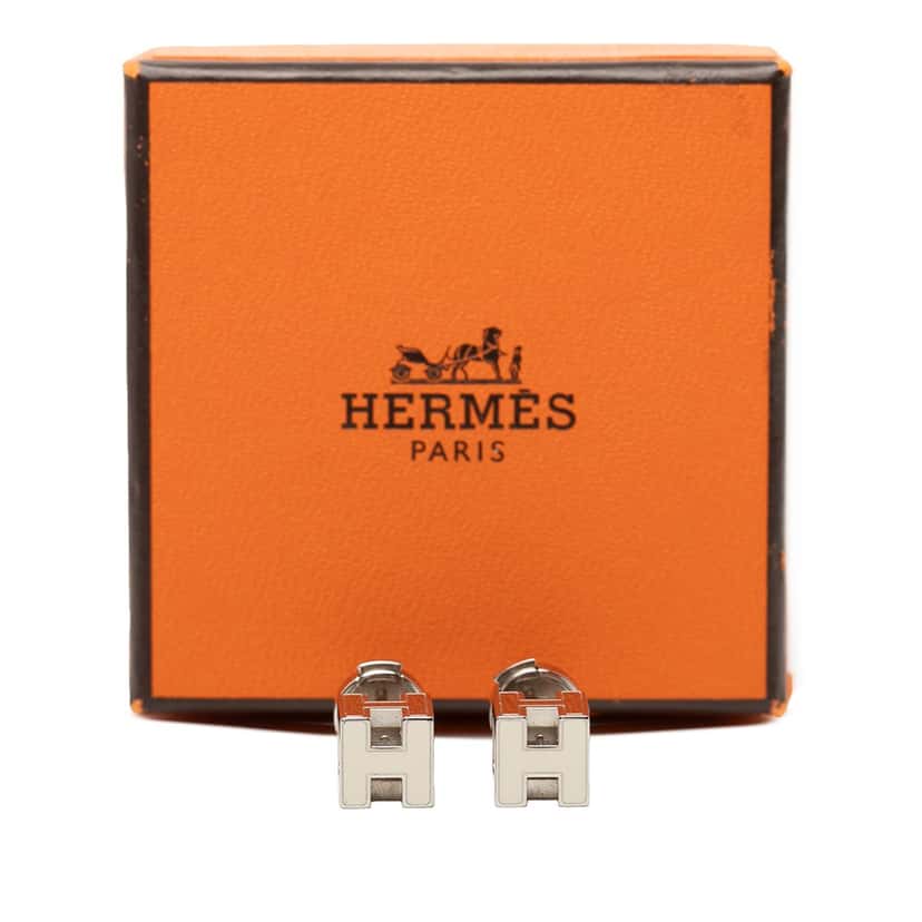 Hermès Palladium Plated and Enamel Cage D H Push Back Earrings Silver Metal Very good condition - Box View