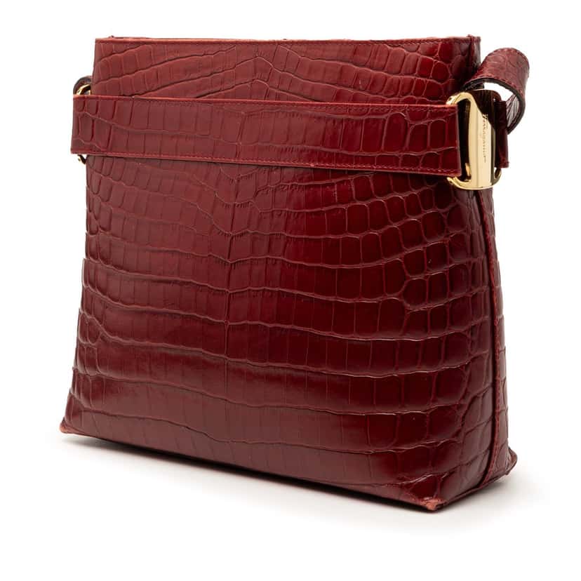 Ferragamo Croc Embossed Leather Vara Shoulder Bag Red Leather Very good condition - Back View