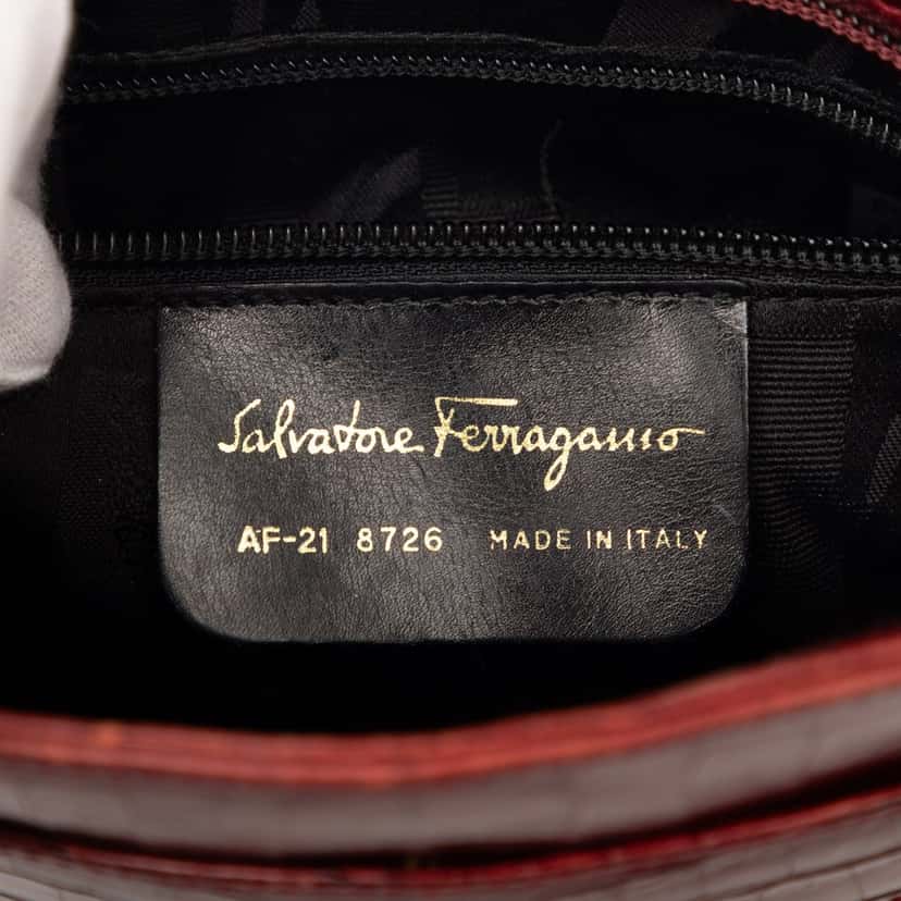 Ferragamo Croc Embossed Leather Vara Shoulder Bag Red Leather Very good condition - Box View