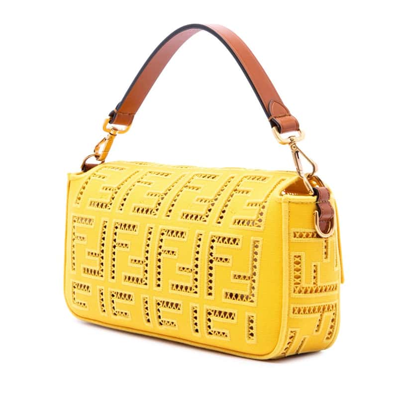 Fendi Zucca FF Ajour Embroidered Canvas Baguette Satchel Yellow Very good condition - Back View