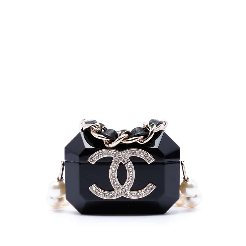 Chanel CC Resin Crystal Faux Pearl Airpods Pro Holder Necklace Bag Black Plastic Very good condition - Front View