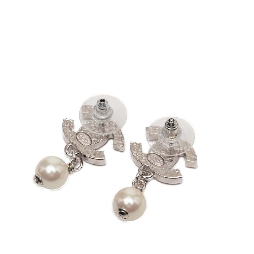 Chanel CC Brass Faux Pearl Swing Push Back Earrings Silver Metal Very good condition - Back View
