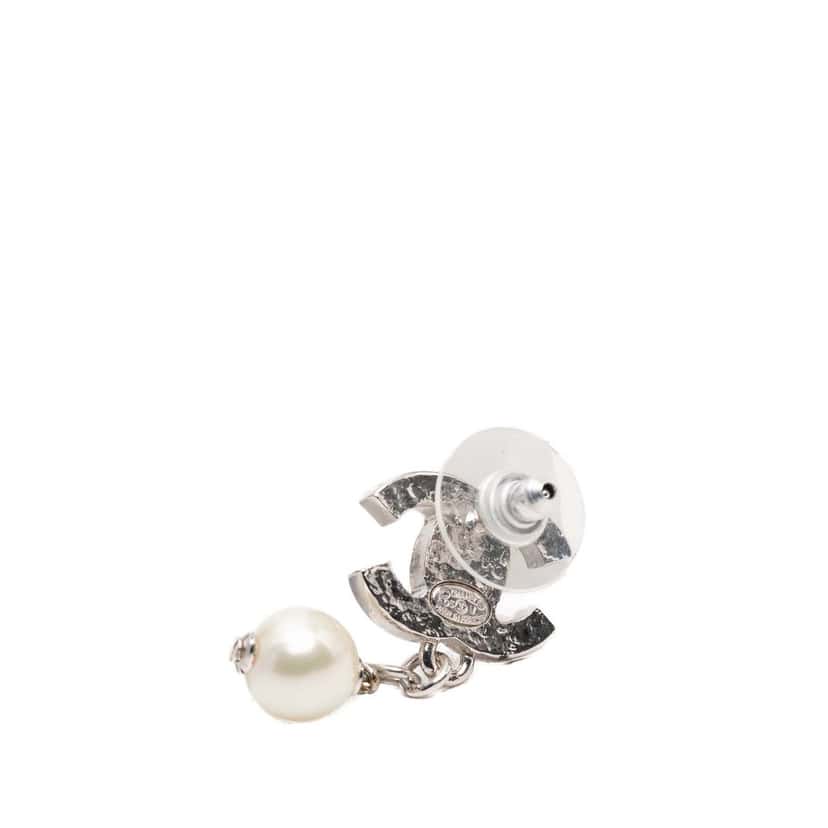 Chanel CC Brass Faux Pearl Swing Push Back Earrings Silver Metal Very good condition - Inside View
