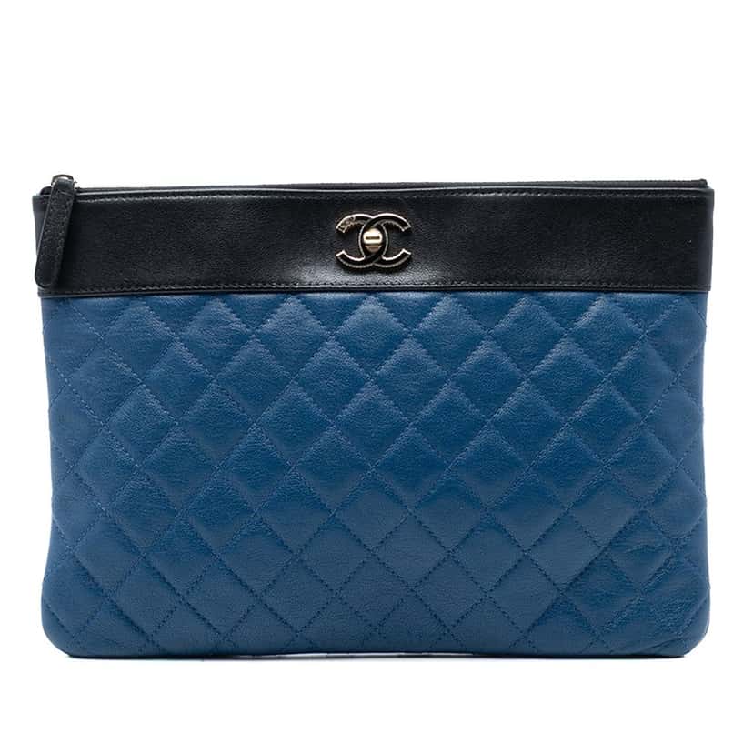 Chanel Medium Bicolor Quilted Sheepskin Mademoiselle O Case Clutch Blue Leather Very good condition - Front View