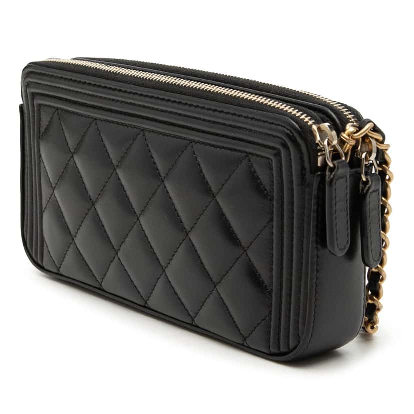 Chanel Quilted Lambskin Boy Double Zip Wallet On Chain Black Leather Very good condition - Back View