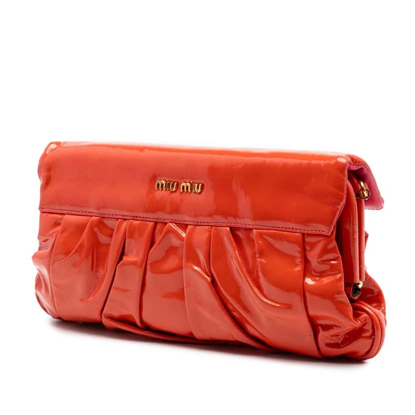 Miu Miu Pleated Patent Flap Handbag Orange Leather Very good condition - Back View