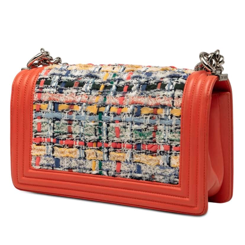 Chanel Medium Tweed and Lambskin Boy Flap Orange Very good condition - Back View