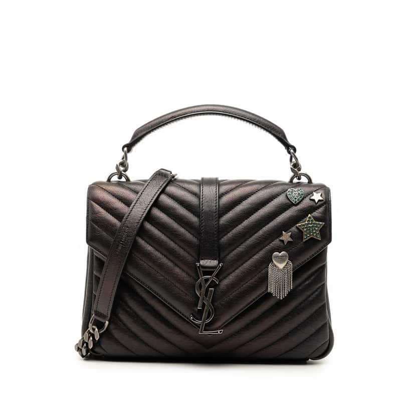 Saint Laurent Medium Metallic Chevron Sheepskin Monogram College Pins Satchel Black Leather Very good condition - Front View