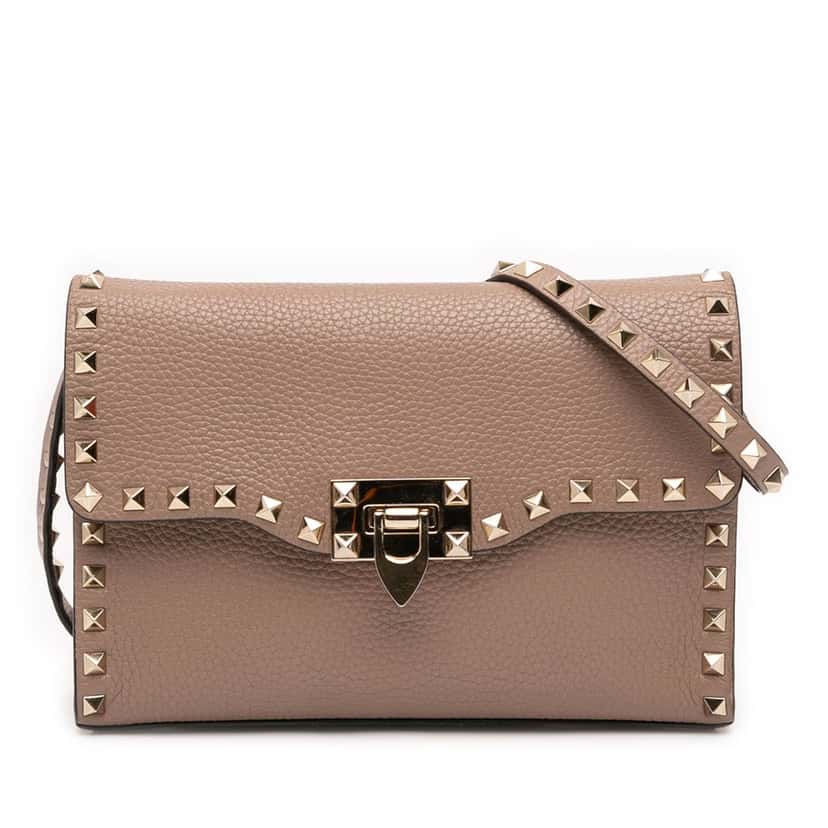 Valentino Medium Pebbled Calfskin Rockstud Flip Lock Crossbody Beige Leather Very good condition - Front View