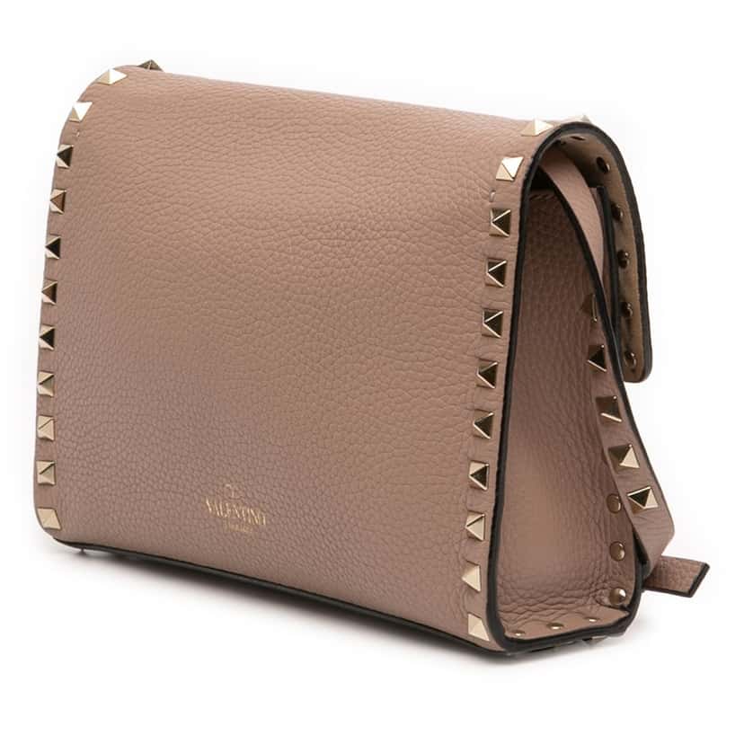 Valentino Medium Pebbled Calfskin Rockstud Flip Lock Crossbody Beige Leather Very good condition - Back View