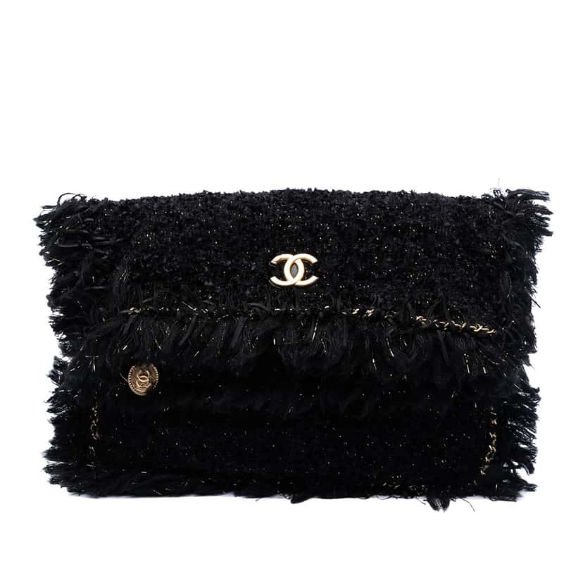 Chanel Paris Cosmopolite Tweed Fringe Clutch Black Very good condition - Front View