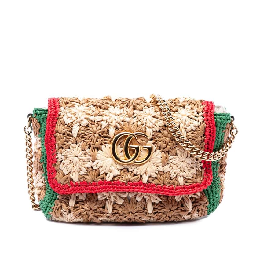 Gucci Small GG Marmont Raffia Crossbody Beige Very good condition - Front View
