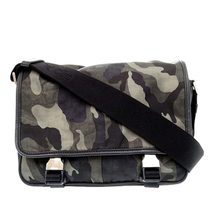 Prada Saffiano Trimmed Tessuto Camouflage Double Buckle Messenger Bag Brown Very good condition - Front View