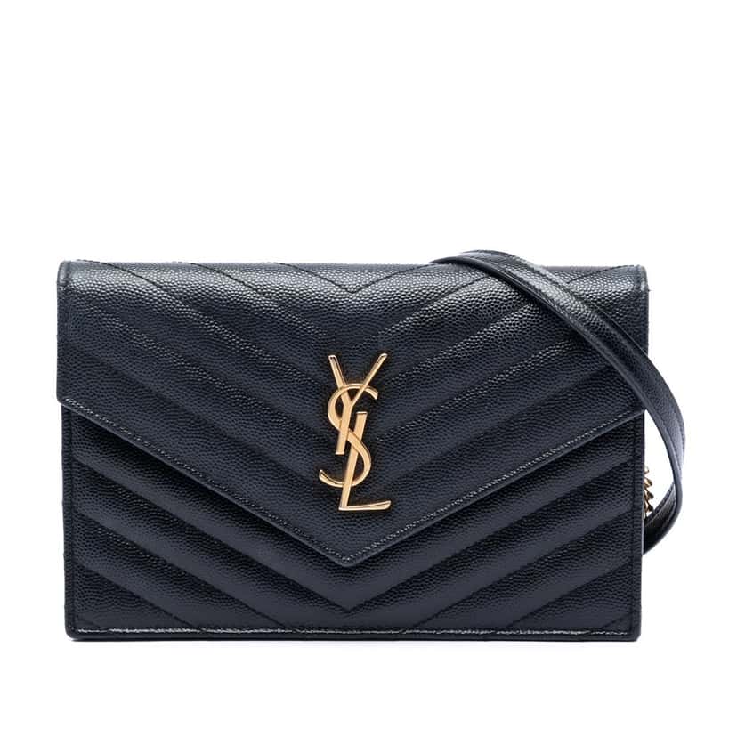 Saint Laurent Grain De Poudre Matelasse Chevron Monogram Chain Wallet Black Leather Very good condition - Front View