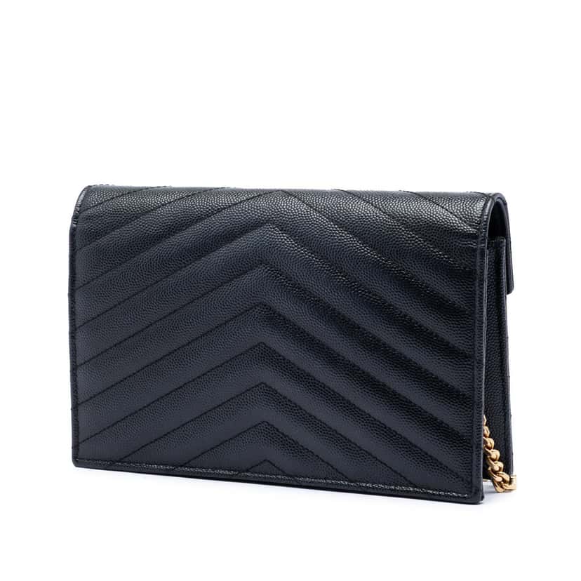 Saint Laurent Grain De Poudre Matelasse Chevron Monogram Chain Wallet Black Leather Very good condition - Back View