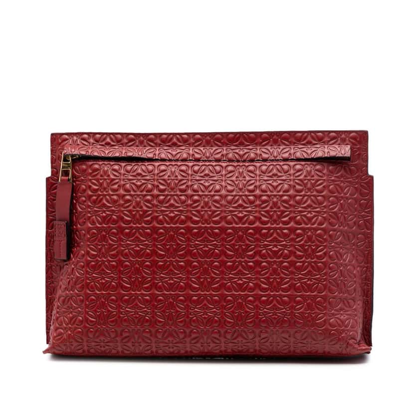 Loewe Embossed Anagram Leather Repeat T Clutch Red Leather Very good condition - Front View