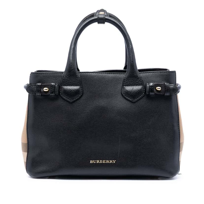 Burberry Small House Check and Leather Banner Satchel Black Leather Very good condition - Front View