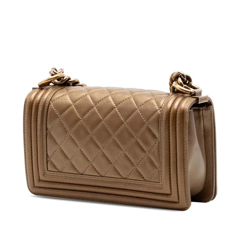 Chanel Small Quilted Metallic Lambskin Boy Flap Gold Leather Very good condition - Back View