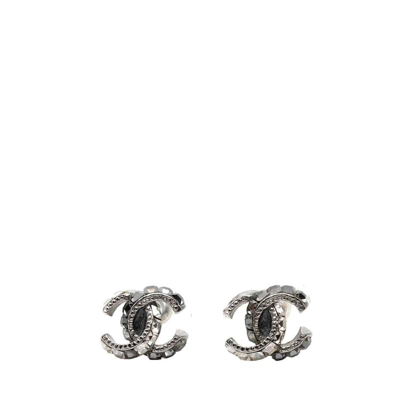 Chanel CC Brass and Strass Push Back Earrings Silver Metal Very good condition - Front View