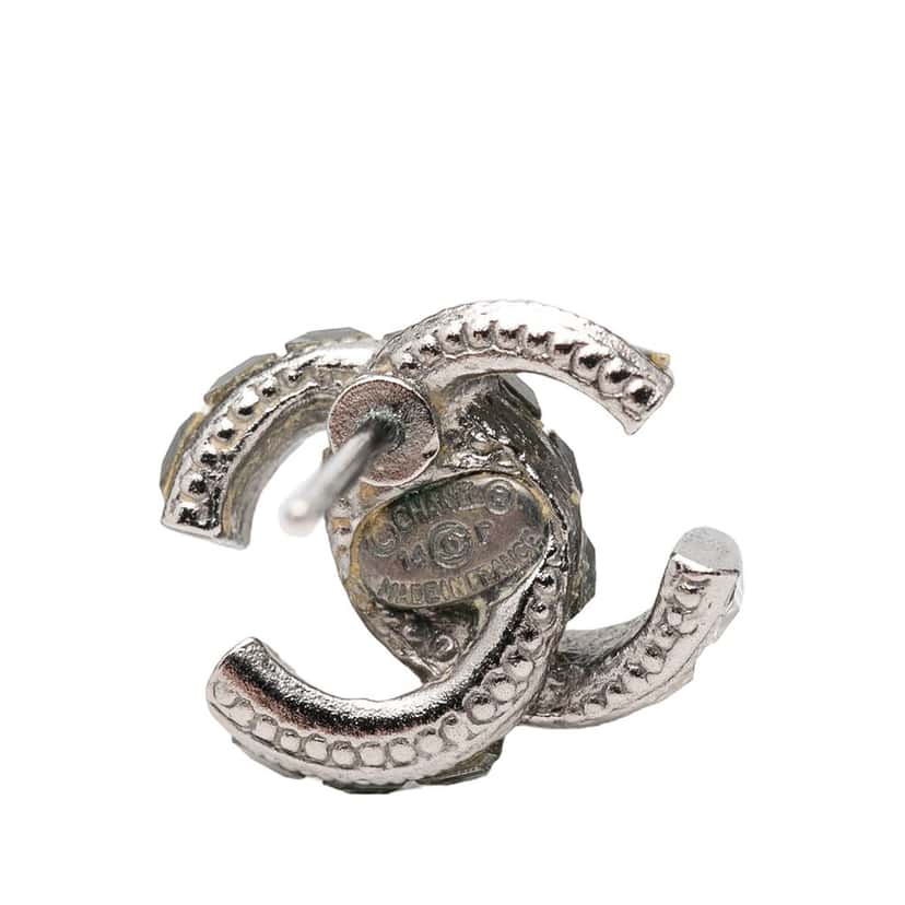 Chanel CC Brass and Strass Push Back Earrings Silver Metal Very good condition - Inside View