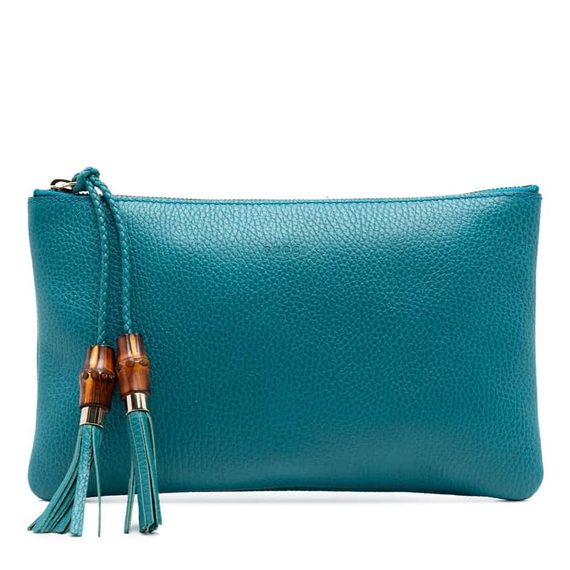 Gucci Calfskin Bamboo Clutch Blue Leather Very good condition - Front View