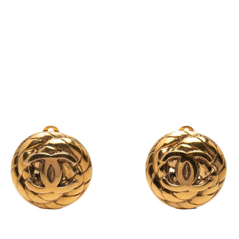 Chanel CC Gold Plated Quilted Round Clip On Earrings Gold Metal Very good condition - Front View