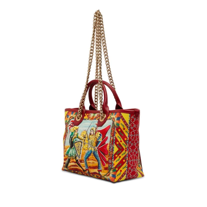 Dolce & Gabbana Snakeskin Embossed Leather Trimmed Canvas Carretto Print Capri Tote Red Very good condition - Back View