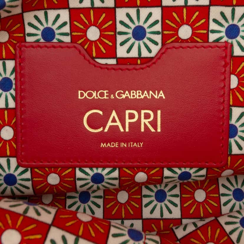 Dolce & Gabbana Snakeskin Embossed Leather Trimmed Canvas Carretto Print Capri Tote Red Very good condition - Box View