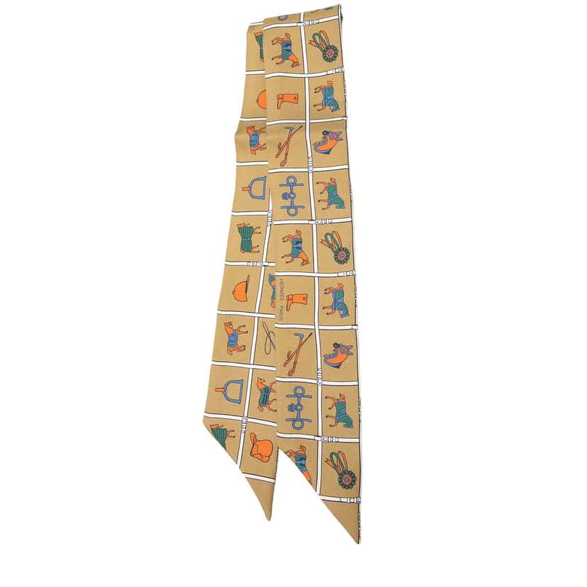 Hermès Couvertures et Tenues de Jour Silk Twilly Scarf Brown Never worn - Front View