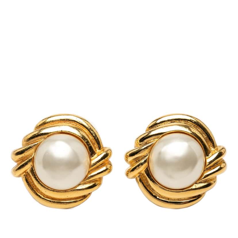 Chanel Gold Plated Faux Pearl Clip On Earrings Gold Metal Very good condition - Front View