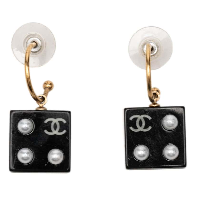 Chanel CC Gold Plated Resin and Faux Pearl Dice Drop Push Back Earrings Black Plastic Very good condition - Front View