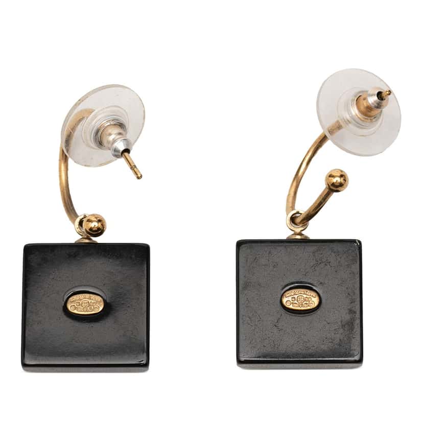 Chanel CC Gold Plated Resin and Faux Pearl Dice Drop Push Back Earrings Black Plastic Very good condition - Back View