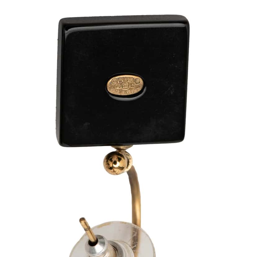 Chanel CC Gold Plated Resin and Faux Pearl Dice Drop Push Back Earrings Black Plastic Very good condition - Inside View