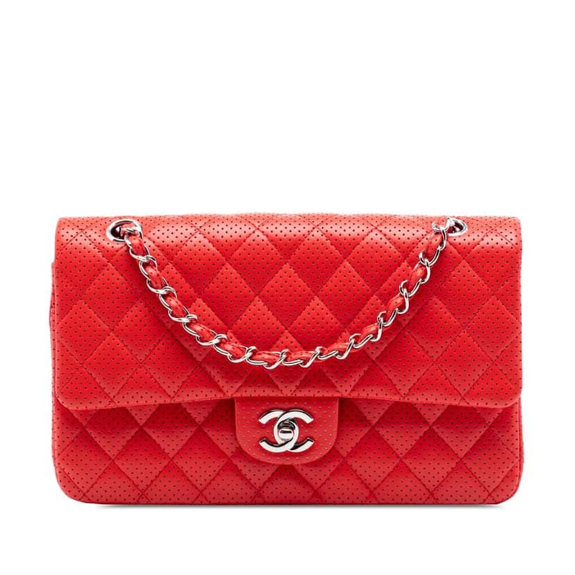 Chanel Medium Classic Perforated Lambskin Double Flap Red Leather Very good condition - Front View