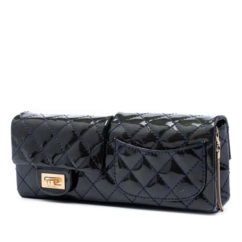 Chanel Quilted Patent Reissue 2.55 Reversible Chain Flap Blue Leather Very good condition - Back View